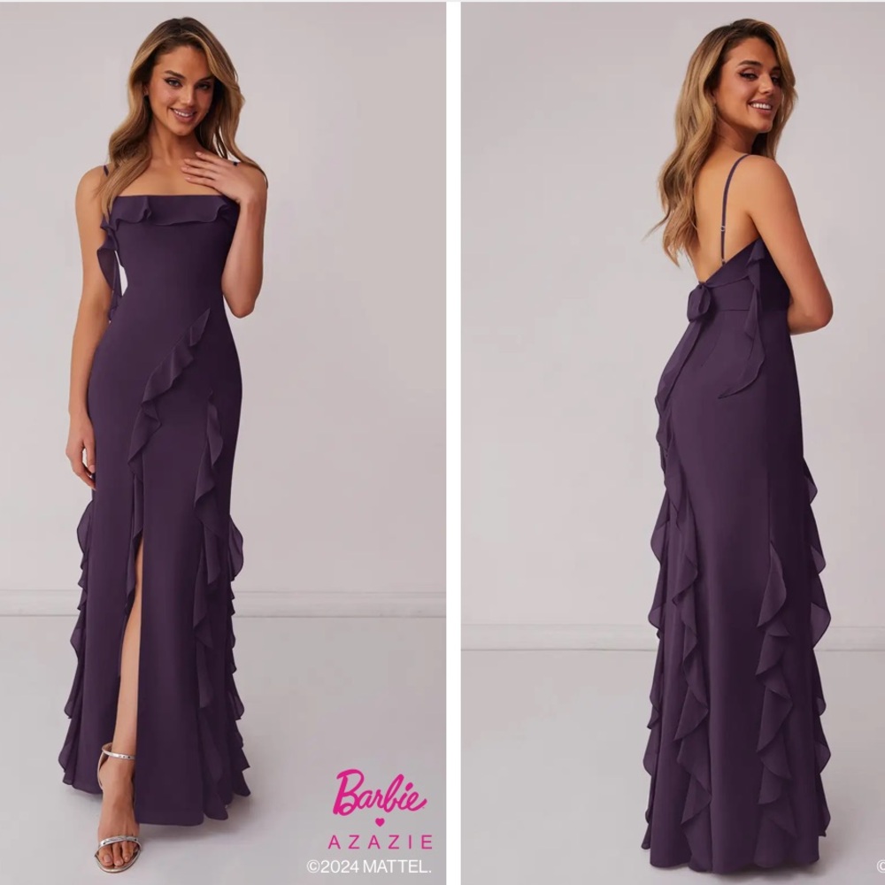 Azazie Barbie Plum Ruffle Maxi Dress